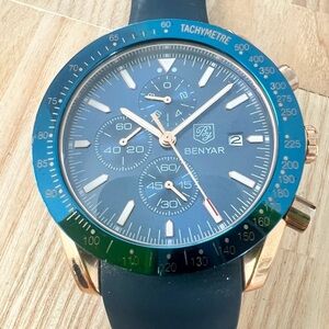 Benyar mens navy blue rose gold tone chronograph watch NEW BATTERY